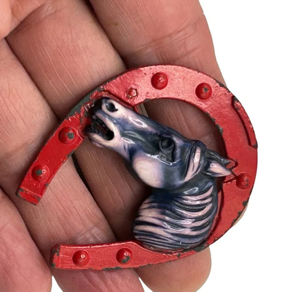 Antique 1930’s Metal Horse Head and Horseshoe Brooch Hand Painted